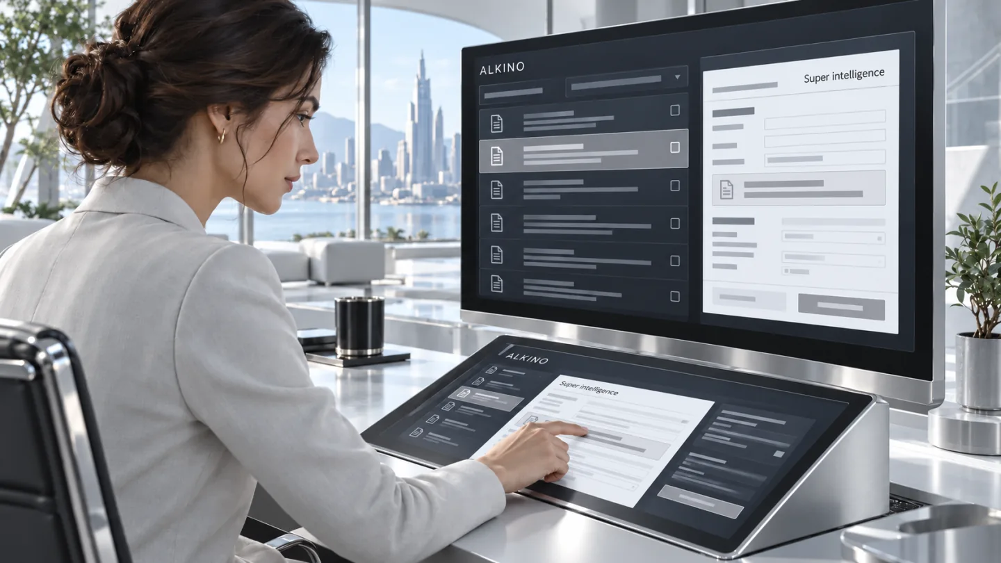 People and intelligence working together: a professional reviews digital sources and prepared context on an integrated touch surface.